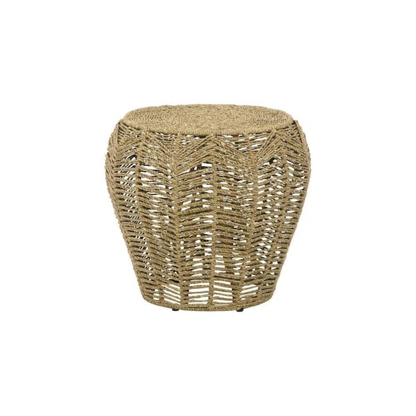 Benjara 19 in. Black and Brown Backless Metal Frame Classic Rustic Style Side Stool with Wooden Seat and Woven Design