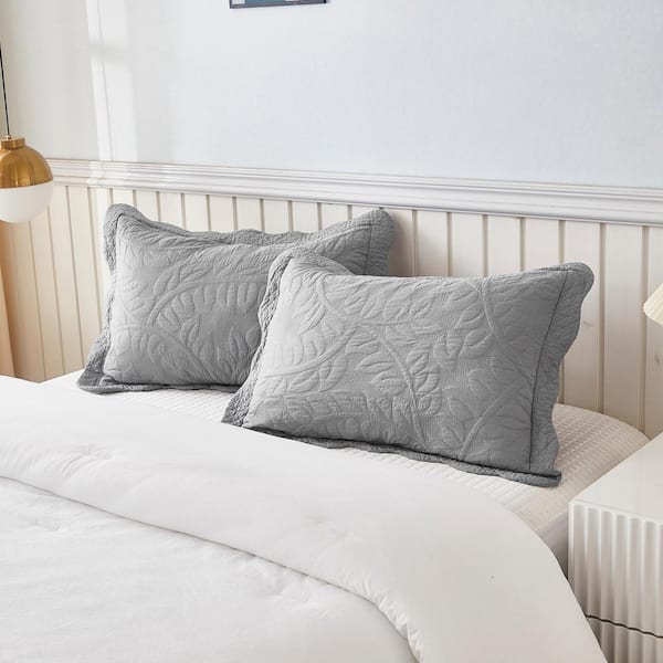 MarCielo PJ Light Grey Cotton Embroidered Farmhouse King Pillow Protector