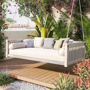 79.1 in. White Patio Minimalist Twin Size Garden Swing Bed AAcacia Wood Porch Swing with Ropes