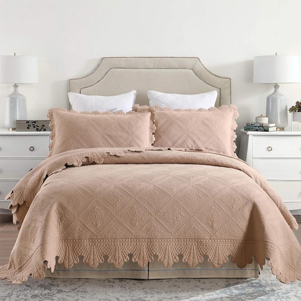 TK60 Pale Taupe Camel Floral King Size Cotton Oversized Bedspread Set Coverlet Set Lightweight Quilt Set