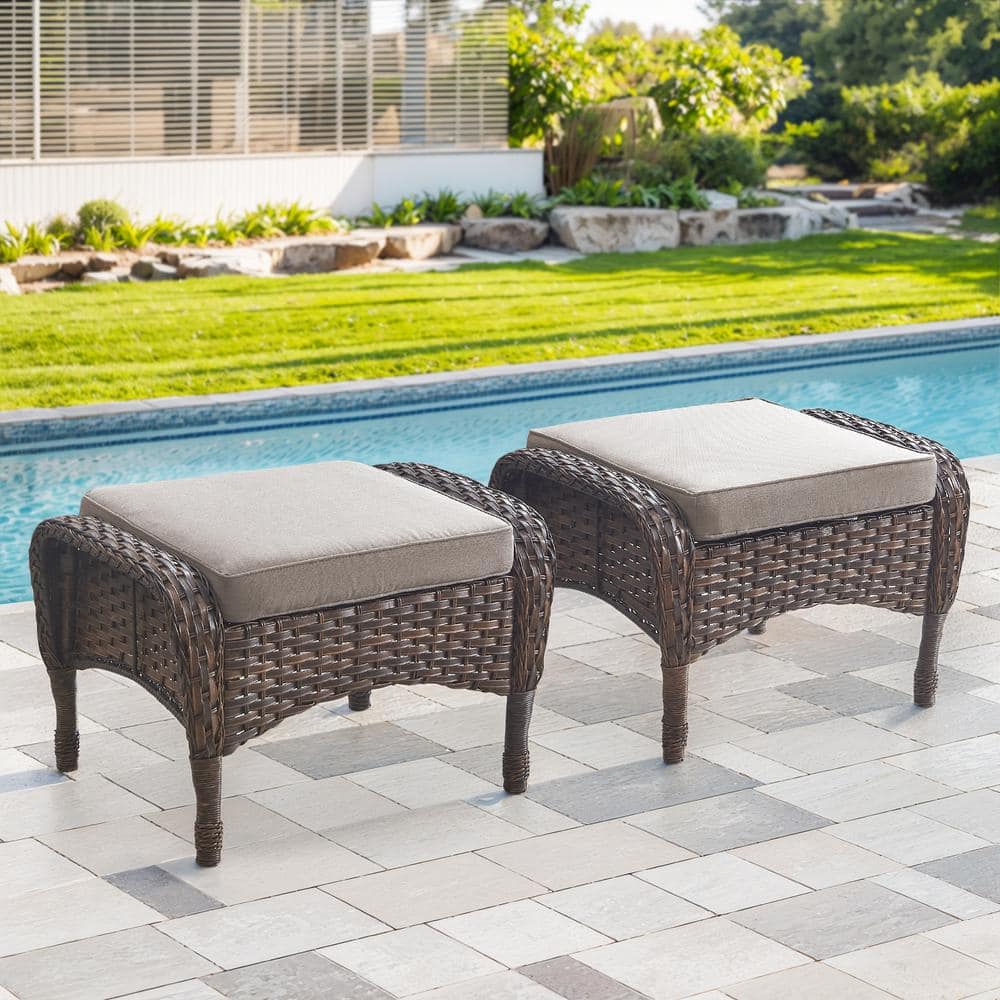 Brown Wicker Outdoor Ottoman with Beige Cushions (2-Pack)