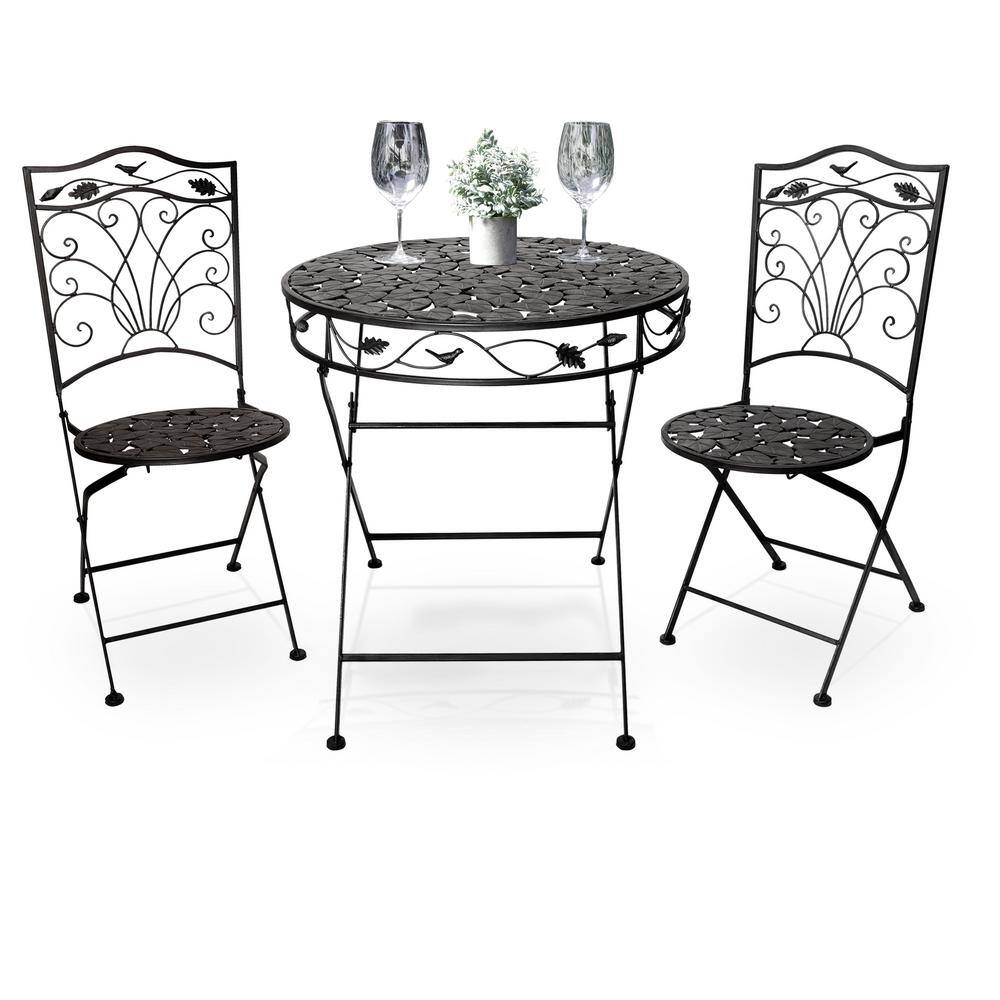 Black Iron 3-Piece Garden Bistro Set with Leaf Design