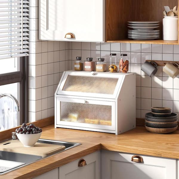 1-Piece Extra Large Double Layer Bread Box Storage Container Farmhouse Kitchen Bin Diamond Pattern Windows Set