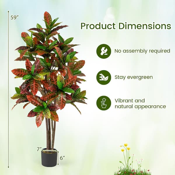 Gymax 5 FT Artificial Croton Plant w/ Multi-colored PEVA Leaves