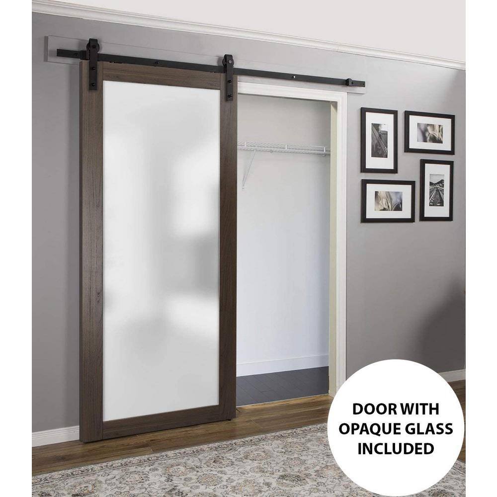 Modern Brown MDF Barn Door with Frosted Glass Panel, 36 x 80