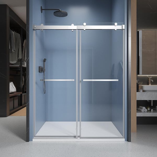 CKB 66 in. W x 76 in. H Double Sliding Frameless Shower Door in Chrome with Soft-Closing and Clear 3/8 in. Glass