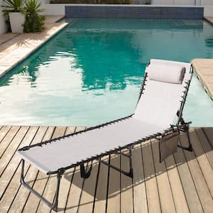 Outdoor Folding Chaise Lounge Chair Fully Flat for Beach with Pillow and Side Pocket, Beige