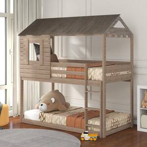 Antique Gray Twin Over Twin Wood Bunk Bed with Roof and Window