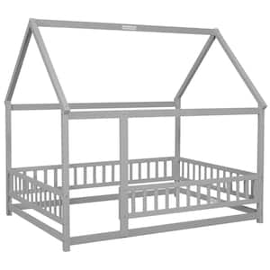 Gray Full Size Wood House Floor Bed with Fence Guardrails Playhouse Bed Frame Montessori House Bed for Kids