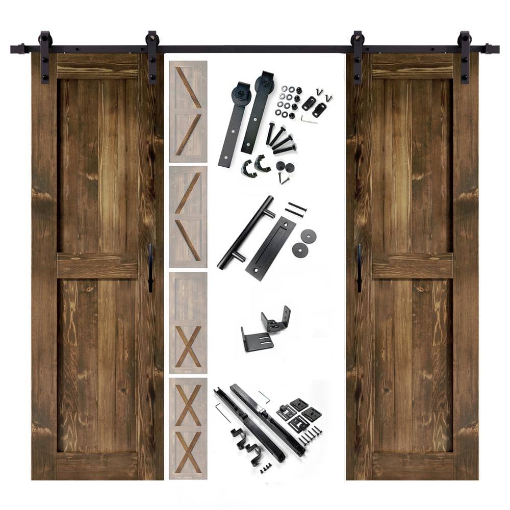 28 in. x 80 in. 5-in-1 Design Walnut Double Pine Wood Interior Sliding Barn Door with Hardware Kit, Non-Bypass price history on PriceWatchPro