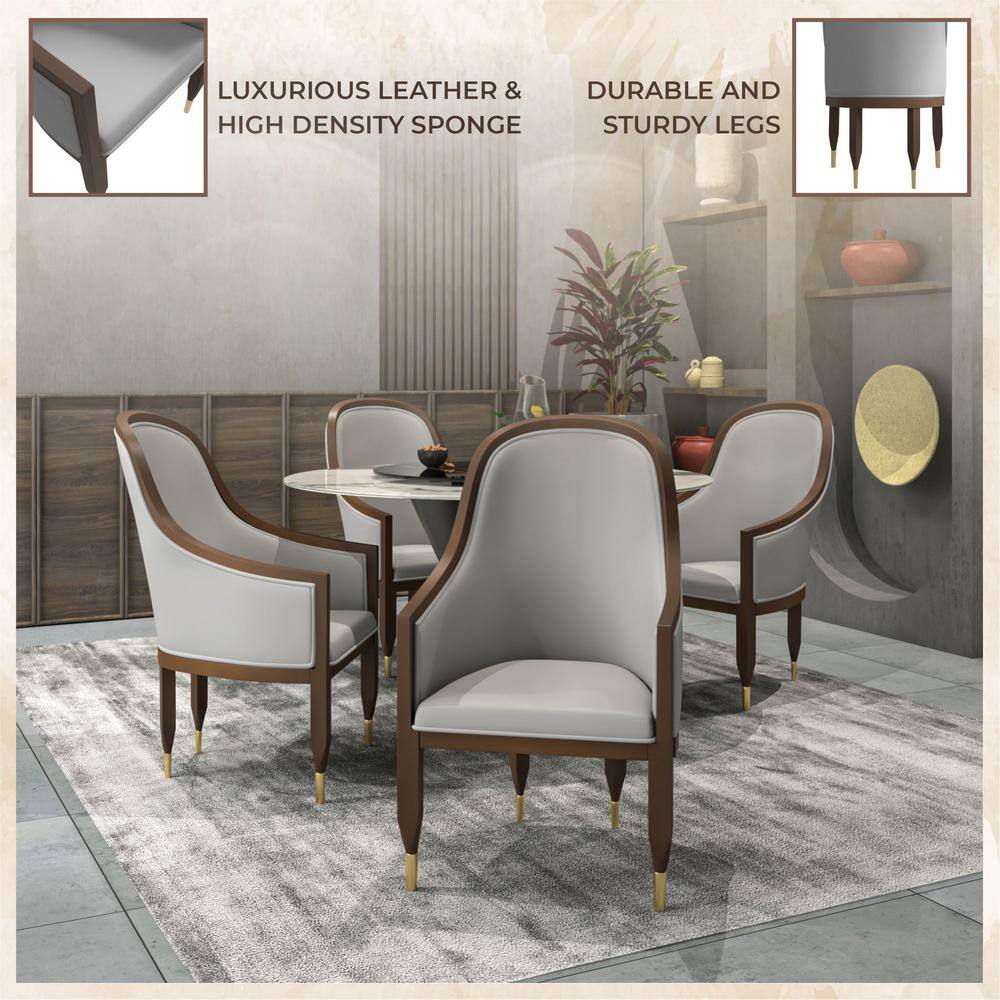 Light Grey Leather Upholstered Arm Chair with Wood Frame