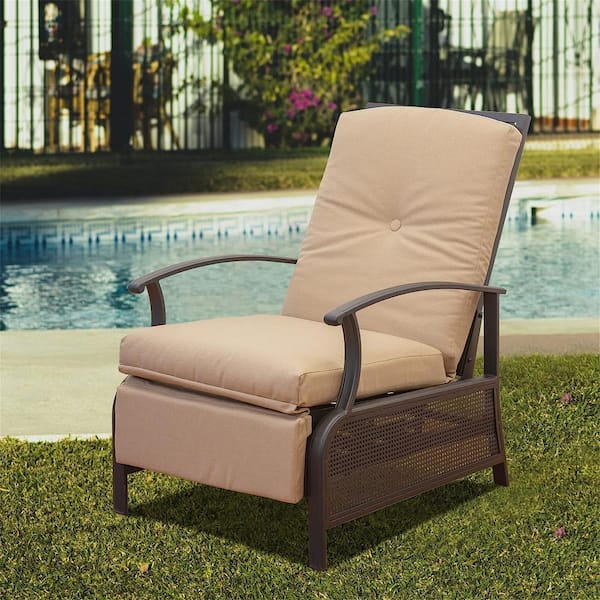 Clihome Metal Outdoor Adjustable Frame Reclining Patio Chairs with Strong Extendable and Brown Cushion