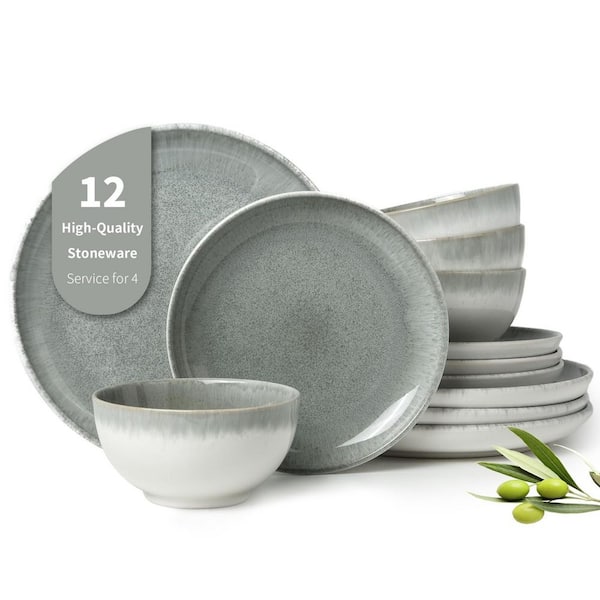 12-Piece Gradient Green Reactive Glaze Ceramic Dinnerware Set, Handmade Stoneware Plates and Bowls (Service for 4)