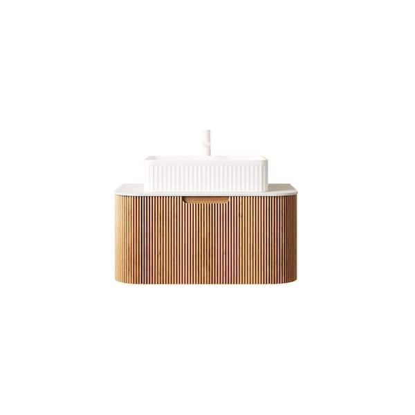 30 in. Wall-Mounted Natural Wood Bath Vanity with White Engineered Marble Top Pre-Assembled