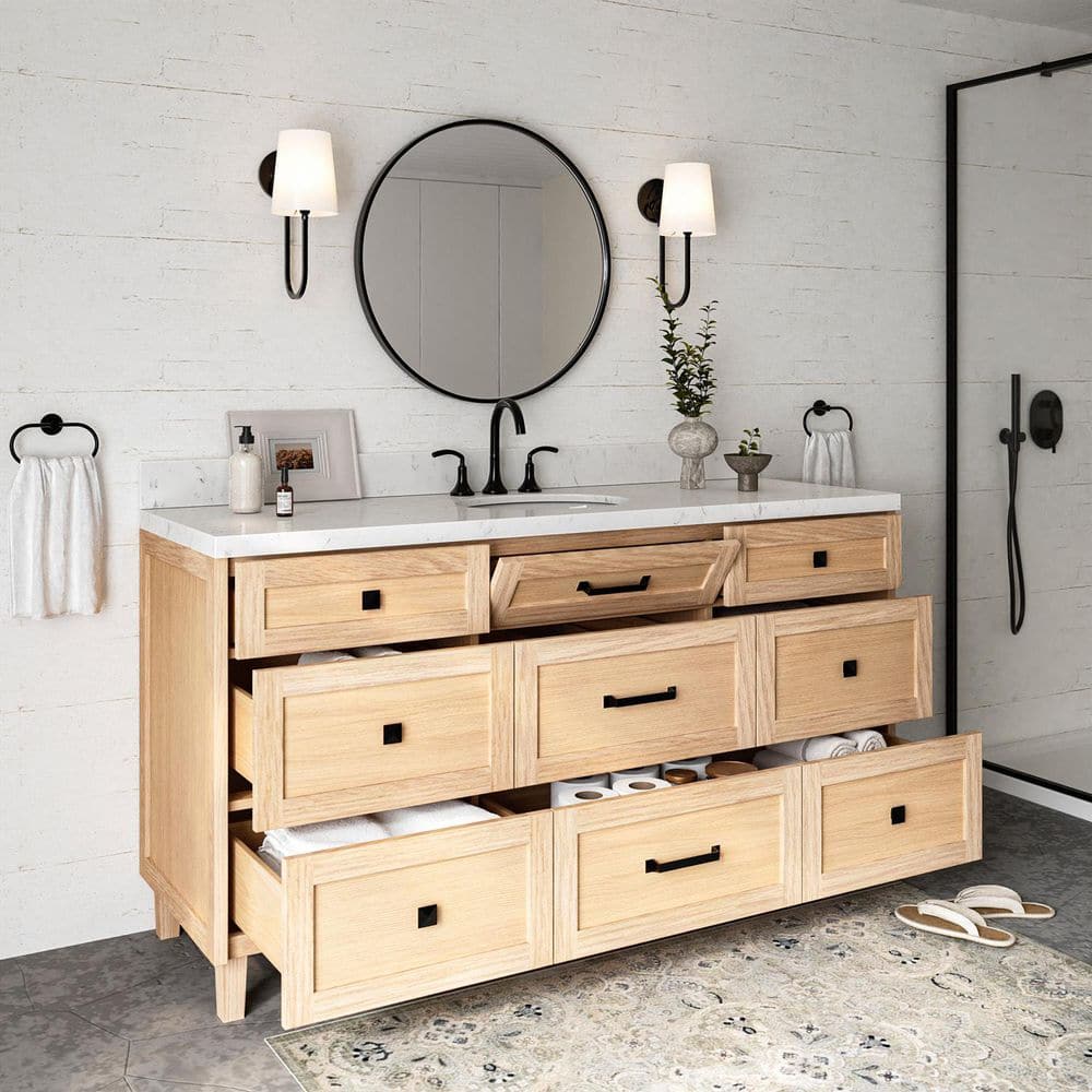 Monroe 66" Light Oak Freestanding Vanity with Carrara Quartz Top