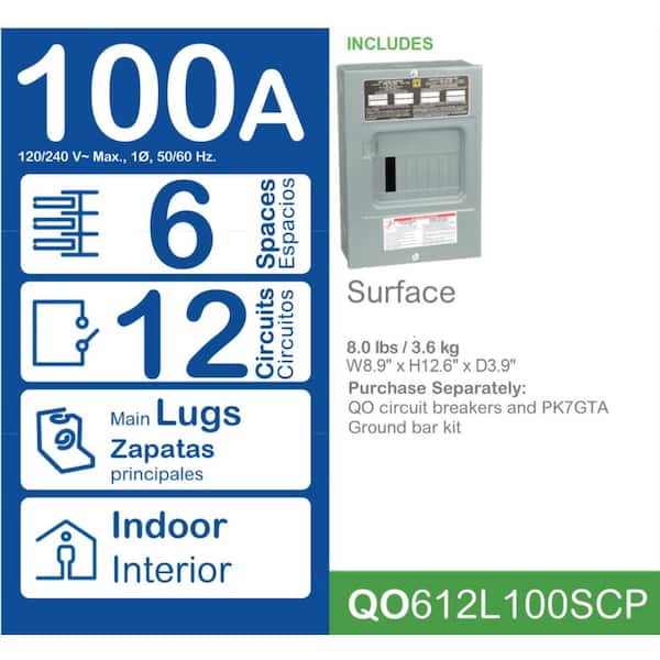 QO 100 Amp 6-Space 12-Circuit Indoor Main Lug Load Center with Surface Mount Cover