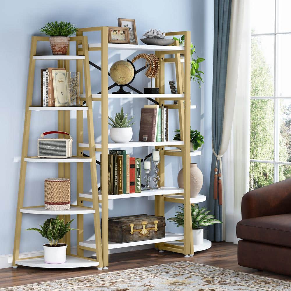 Gold and White 70" 5-Tier Corner Ladder Shelf