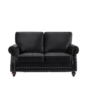 Ramos 61 in. W Black Round Arm 2-Seats Velvet Nailhead Straight Lawson Sofa