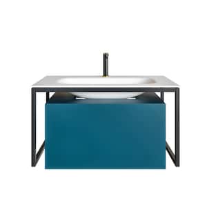 Modena 32 in. W x 18 in. D x 19 in. H Floating Bathroom Vanity in Teal with White Solid Surface Top with White Sink