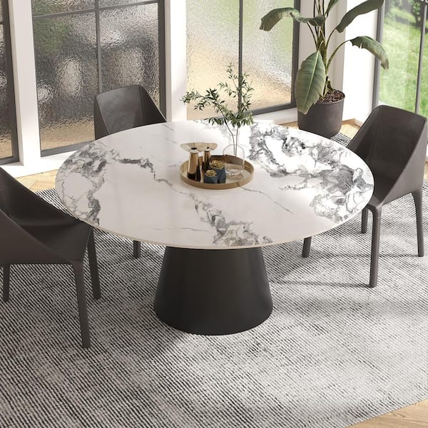 Lesly Modern Round Pandora Color Patek Philippe StoneTop 53.15in.Black Titanium Stainless Steel Pedestal Dining Table(4 Seats)