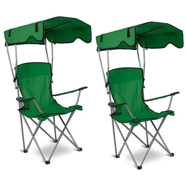 Folding Outdoor Camping Chair, 2-Piece Oversized Portable Chair Set w/ Sun Protection, for Beach, Fishing, Picnic-Green