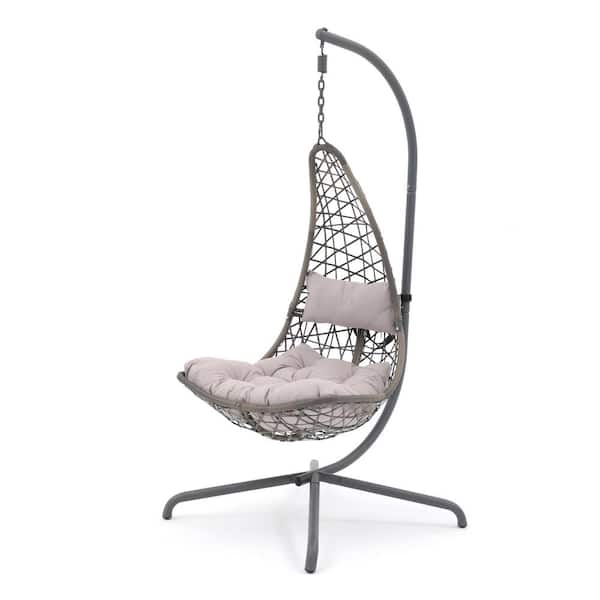 Freestyle Outdoor Wicker Porch Swing Egg Chair with Stand, Grey Cushions