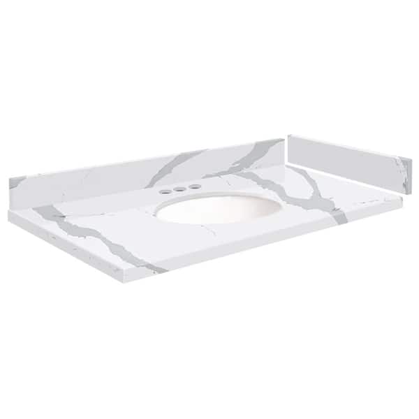 Transolid Silestone 34 in. W. x 22.25 in. D Quartz White Round Single Sink Vanity Top in Bianco Calacatta