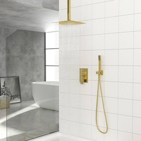 Magic Home 1-Spray Patterns with 1.8 GPM 12 in. Ceiling Mounted Dual Shower Head in Brushed Gold