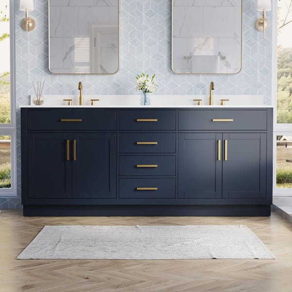 80 in. Double Sink Freestanding Solid Wood Bath Vanity in Navy Blue with White Quartz Top, Soft-Close, Full Assembled