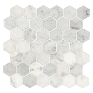Carrara White Hexagon 12 in. x 12 in. x 10 mm Polished Marble Mesh-Mounted Mosaic Floor and Wall Tile (10 sq. ft. /case)