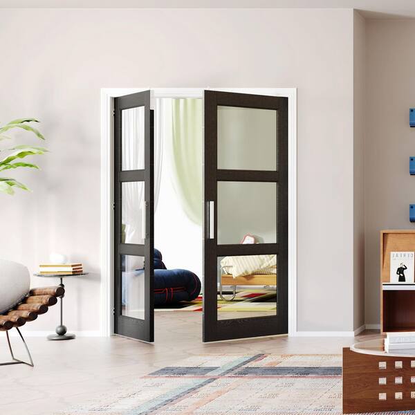 TENONER 48 in. x 80 in. MDF, 3 Lite, Clear Glass, Black, Composite