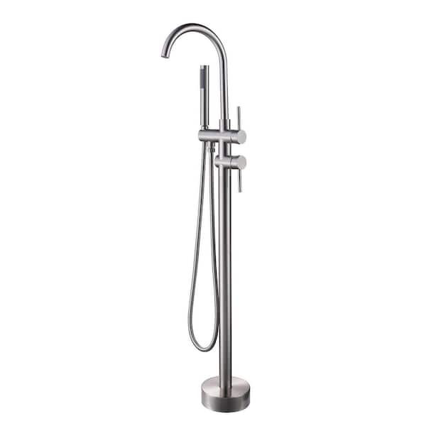 Nestfair 2-Handle Floor Mount Roman Tub Faucet with Hand Shower in Brushed Nickel