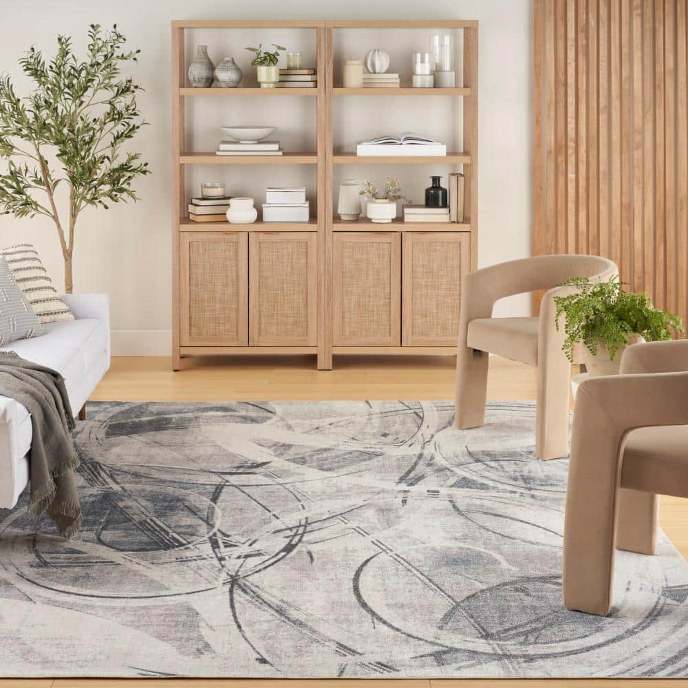 Silver Blue Abstract Synthetic Rectangular Washable Area Rug 8' x 10'