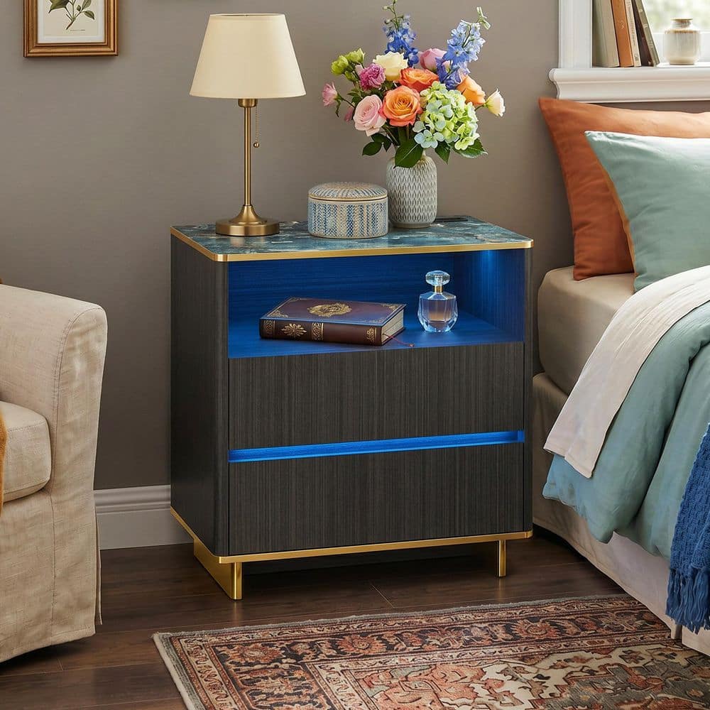 Dark Gray Wood Grain 2-Drawer 31.5 in. W Nightstand, End Table, Side Table with Open Shelf, Marble Top and Socket price history on PriceWatchPro