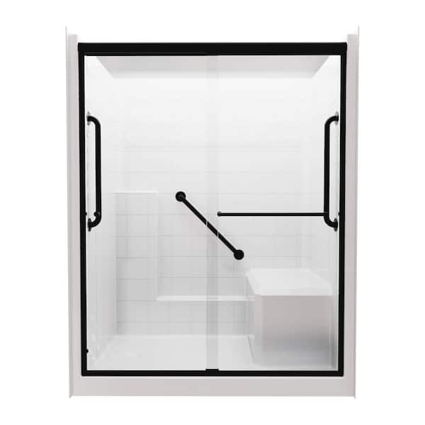 Freedom 60 in. x 36 in. x 77 in. Alcove Shower Kit in White, 1 Piece with Shower Door/Grab Bars in Matte Black,LHS Drain