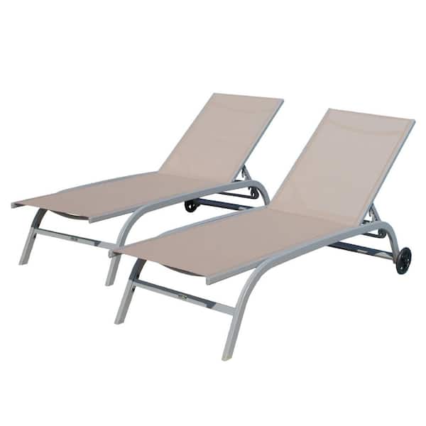 Unbranded 2-Piece Metal Outdoor Chaise Lounge with Wheels, Khaki Adjustable Recliner Patio Chairs for Poolside
