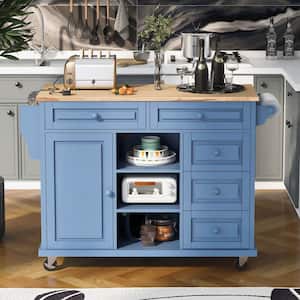 53 in. W Blue Kitchen Cart with Rubber Wood Desktop Rolling Mobile Kitchen Island with Storage and 5-Drawers