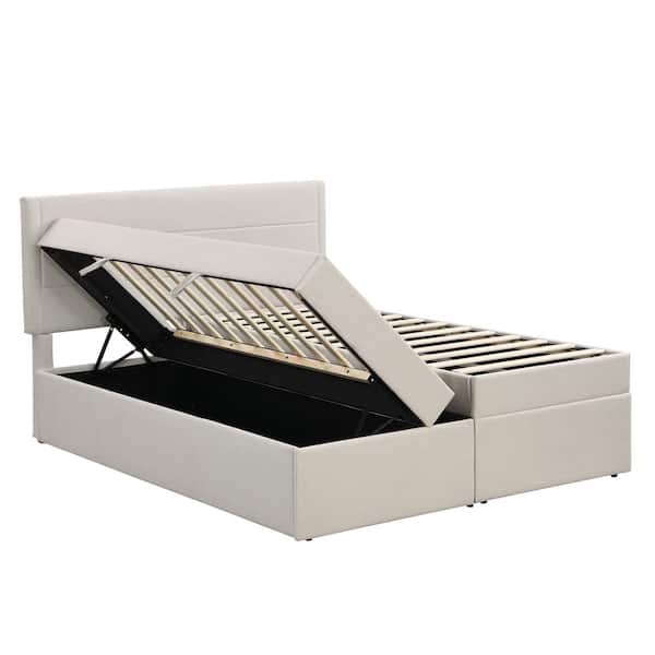 URTR Beige Wood Frame Queen Size Upholstered Platform Bed with Storage Underneath, Queen Size Lift Up Storage Bed