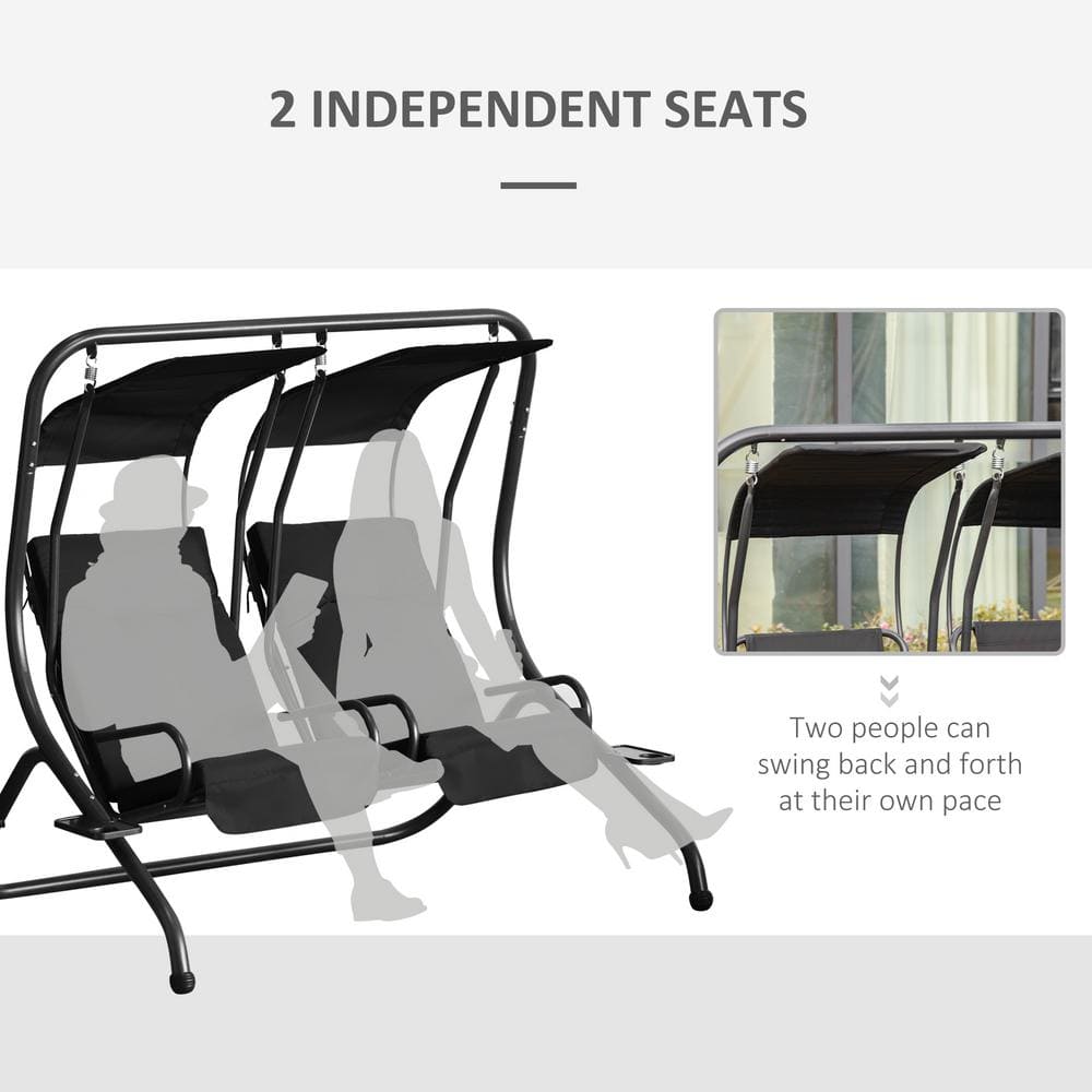 Modern Black Metal 2-Seater Outdoor Patio Swing Chair with Canopy