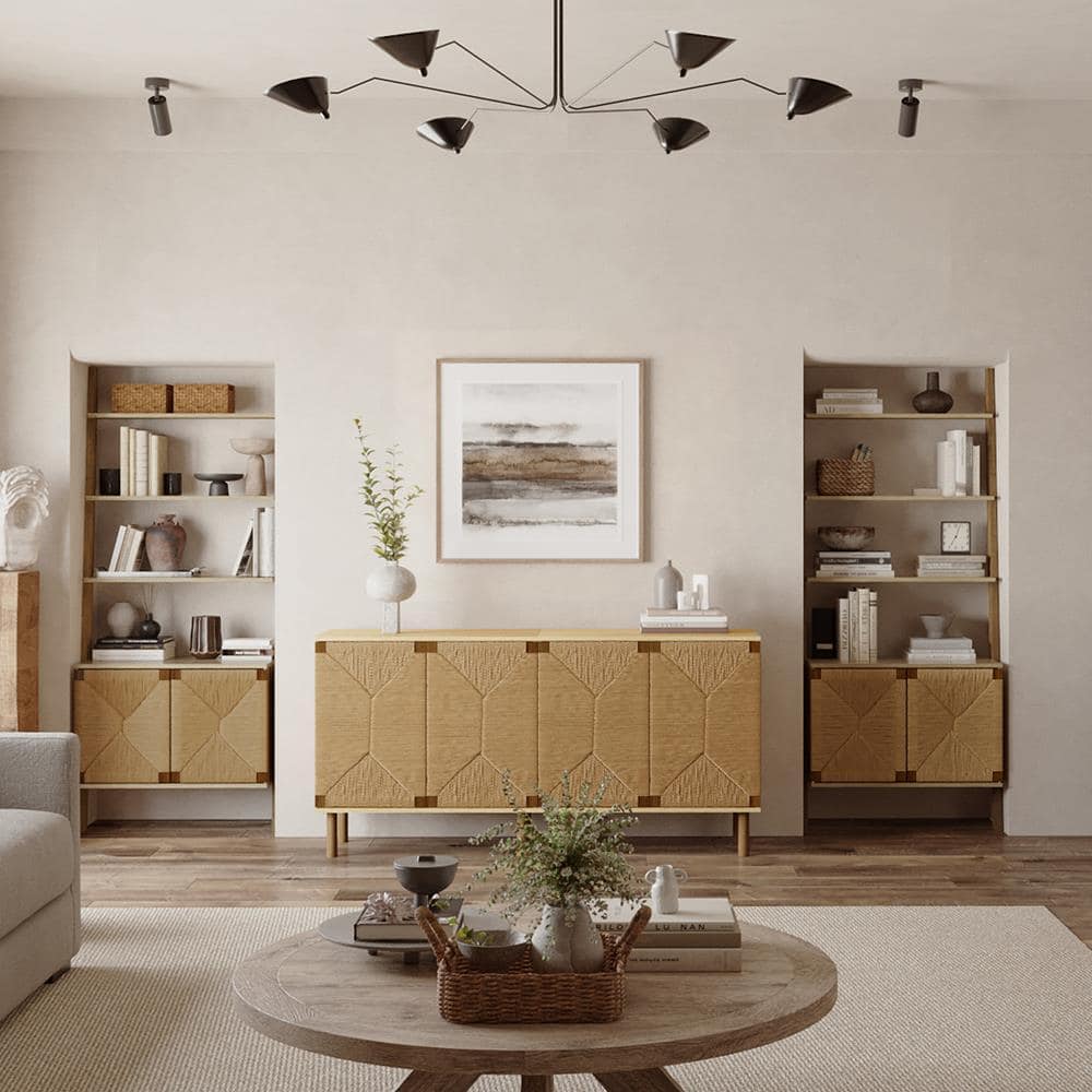 Brown Mid-Century Modern Jute 2-Door Cabinet with Adjustable Shelving