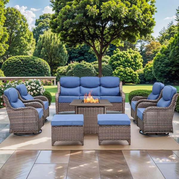NovaSwivel 8-Piece Brown Wicker Patio Conversation Set Outdoor Fire Pit Set. Swivel Rocking Chairs with Blue Cushions