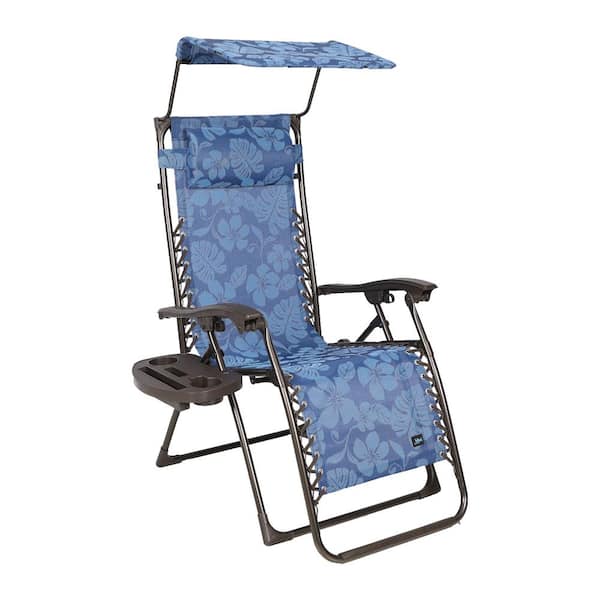 BLISS HAMMOCKS 26 in. W Metal Outdoor Zero Gravity Recliner with Adjustable Canopy, Drink Tray and Cushion Pillow in Blue Flower