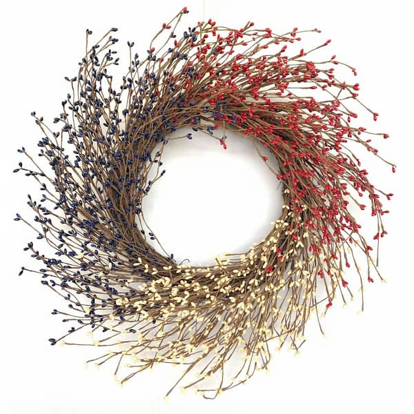 Glitzhome 24 in. Multi-Color Unlit Artificial Wreath with Pip Berries for American National Day