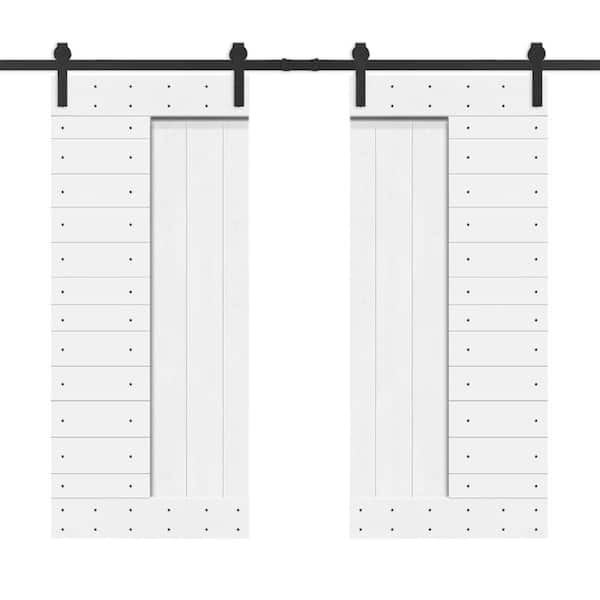 CALHOME 48 in. x 84 in. Pure White Stained DIY Knotty Pine Wood Interior Double Sliding Barn Door with Hardware Kit
