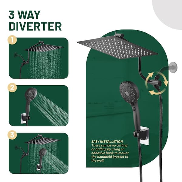 Rain Shower Head Kits 12-Spray with 1.8 GPM 12 in. Wall Mount Dual Shower Heads and Handheld Shower Head in Matte Black