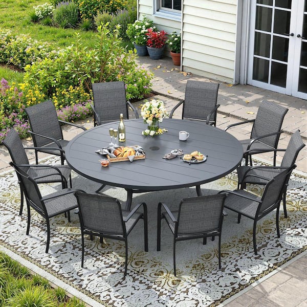 vicllax 9-Piece Metal Outdoor Dining Set with 60 in. Gray Wood