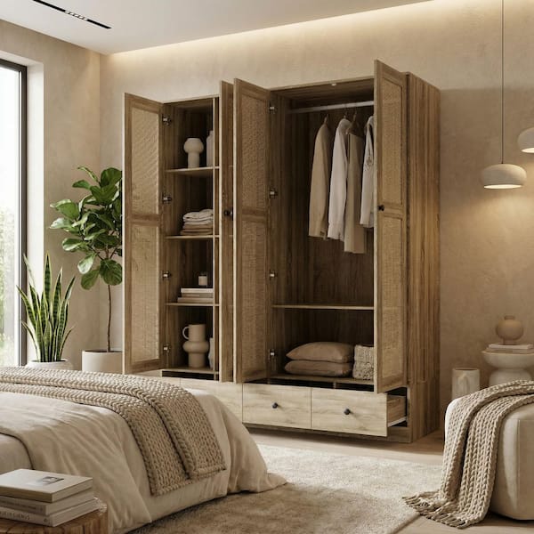 Greige Oak Finish Wood 47.2 in. Bedroom Chifferobe with Rattan Doors, Hanging Rod, and Multiple Storage Drawers