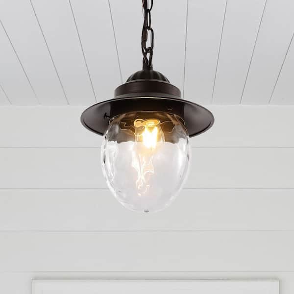 JONATHAN Y Manteo 8.25 in. 1-Light Oil Rubbed Bronze/Clear Outdoor LED Pendant Farmhouse Industrial Iron/Glass