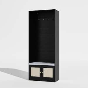 Black Wooden Hall Tree with Shoe Storage Bench with 4 Shelves, Soft Seat and Metal Hooks for Door Side Storage