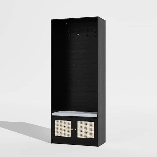 FUFU&GAGA Black Wooden Hall Tree with Shoe Storage Bench with 4 Shelves, Soft Seat and Metal Hooks for Door Side Storage